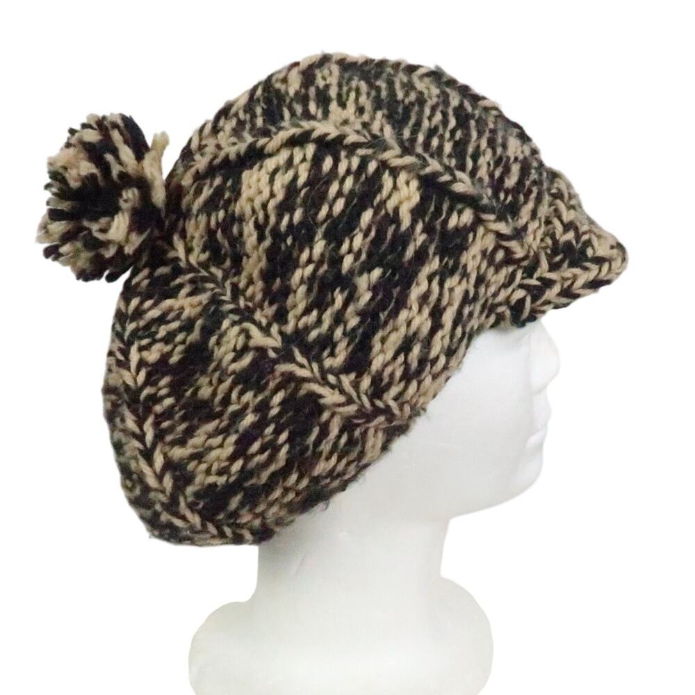 Vintage Tan and Black Marled Knit Beanie Hat w/ Brim and Bobble